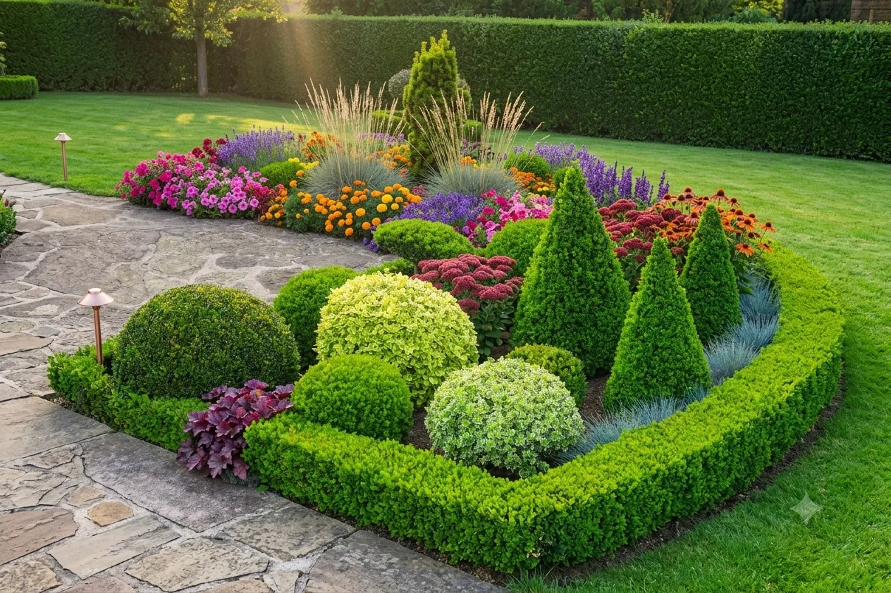 Rond de grădină cu buxus tuns în sfere și conuri, bordură vie, lavandă și flori colorate, la lumina serii