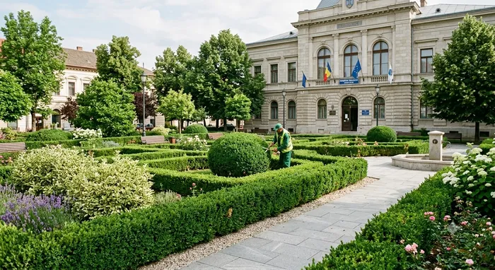 Grădină formală cu borduri de buxus în fața unei clădiri administrative, cu un grădinar tunzând tufele