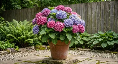 Hortensie cu inflorescențe roz și albastre, în ghiveci de teracotă pe o terasă pavată